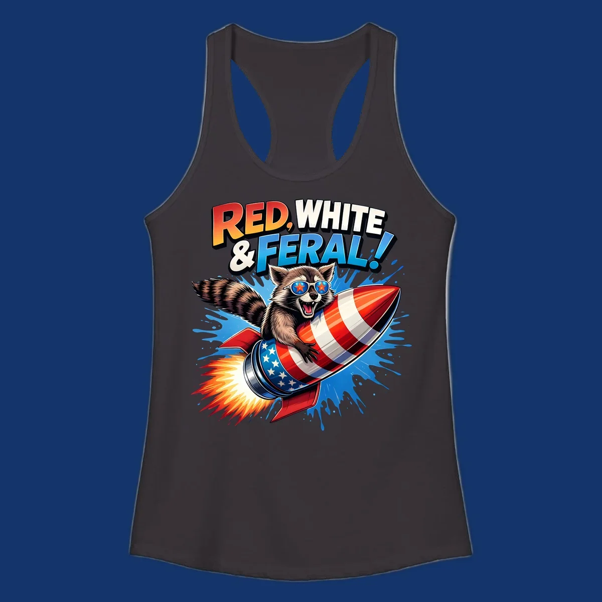 Illustration of a raccoon in star sunglasses riding an American flag rocket with the text 'RED, WHITE & FERAL!'