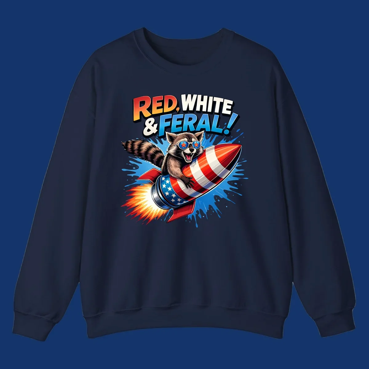 Illustration of a raccoon in star sunglasses riding an American flag rocket with the text 'RED, WHITE & FERAL!'