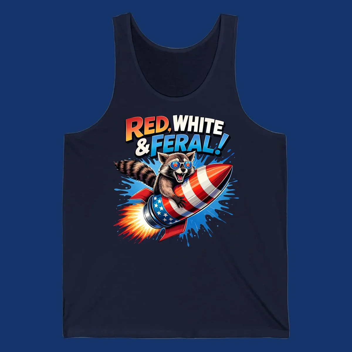 Illustration of a raccoon in star sunglasses riding an American flag rocket with the text 'RED, WHITE & FERAL!'