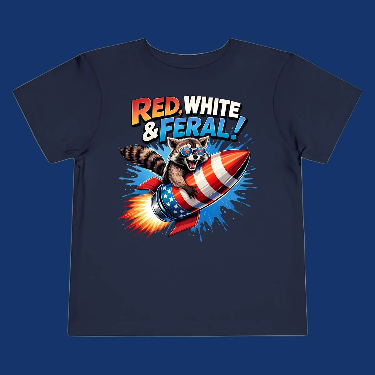 Illustration of a raccoon in star sunglasses riding an American flag rocket with the text 'RED, WHITE & FERAL!'