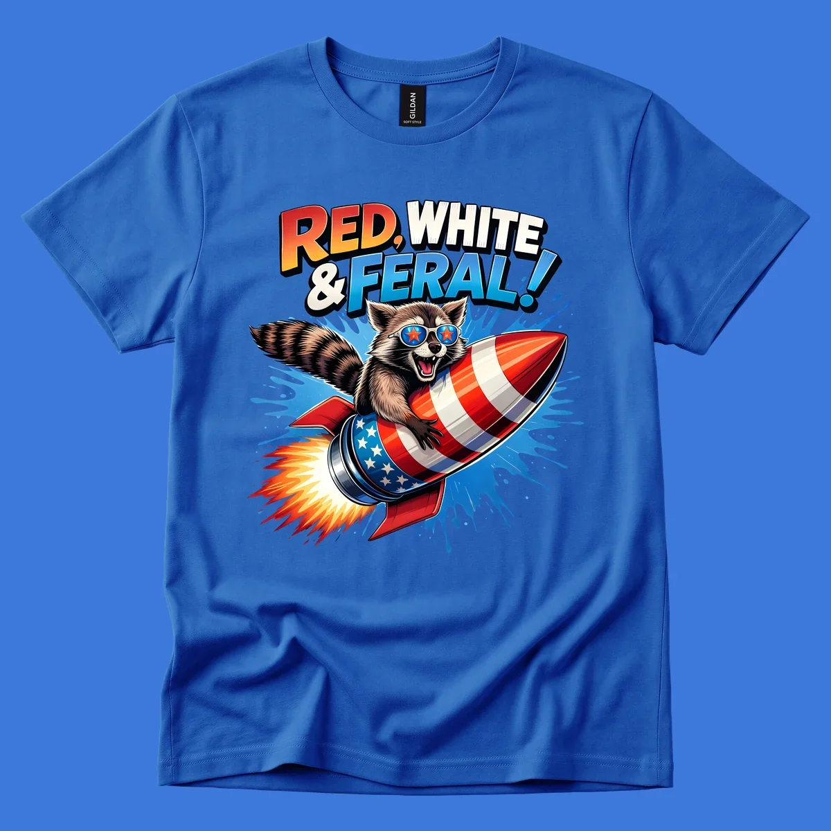 Illustration of a raccoon in star sunglasses riding an American flag rocket with the text 'RED, WHITE & FERAL!'