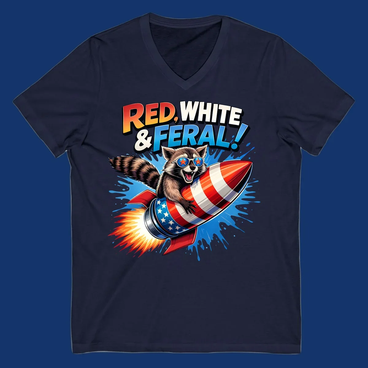 Illustration of a raccoon in star sunglasses riding an American flag rocket with the text 'RED, WHITE & FERAL!'