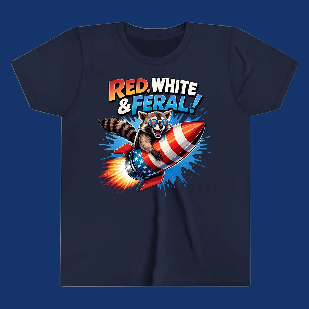 Illustration of a raccoon in star sunglasses riding an American flag rocket with the text 'RED, WHITE & FERAL!'