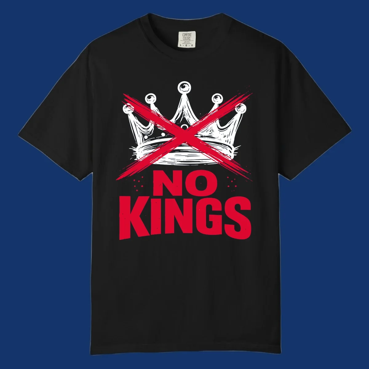 A distressed white or blue crown with a red X over it and the red text 'NO KINGS' below, representing the no-kings-crown-crossed concept.