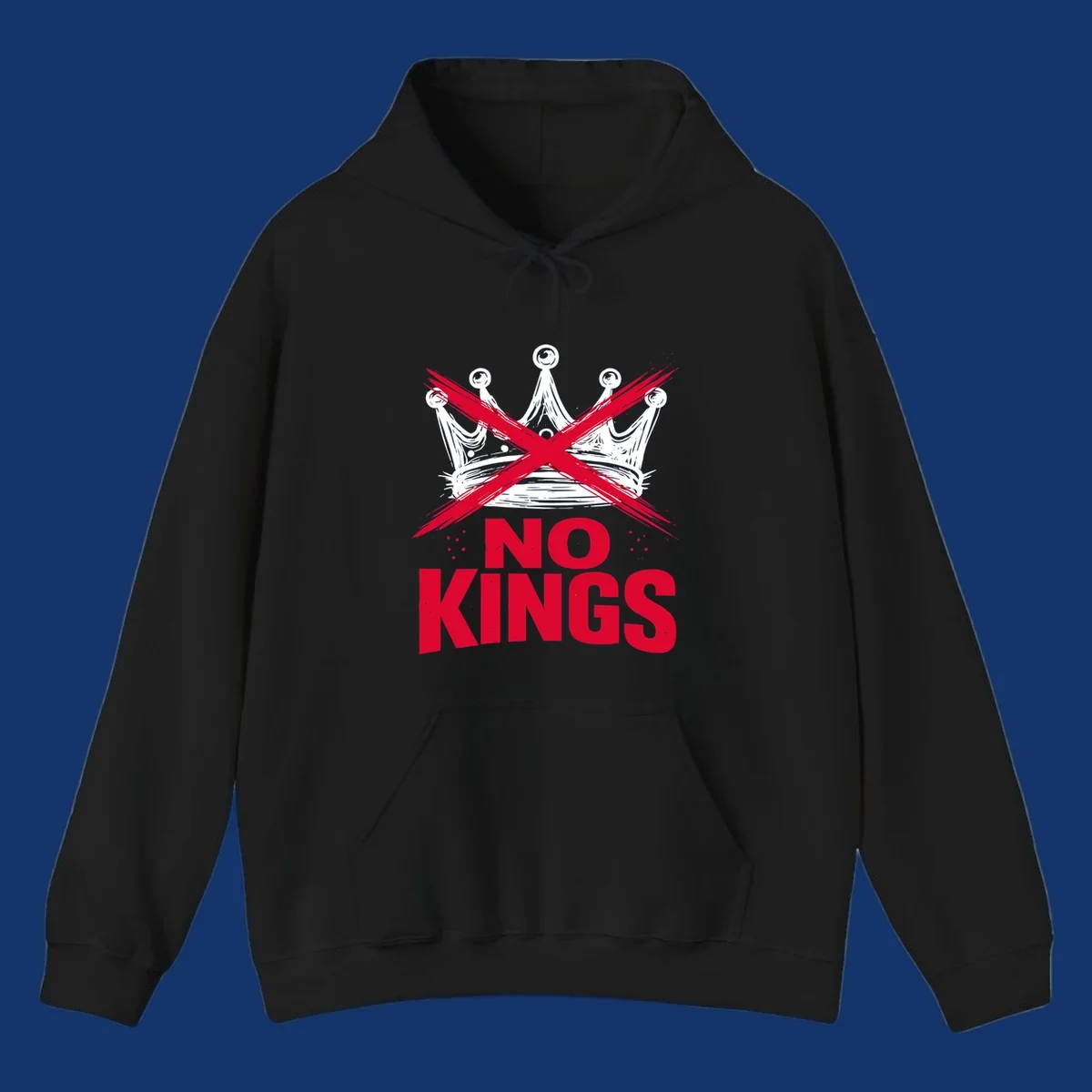 A distressed white or blue crown with a red X over it and the red text 'NO KINGS' below, representing the no-kings-crown-crossed concept.