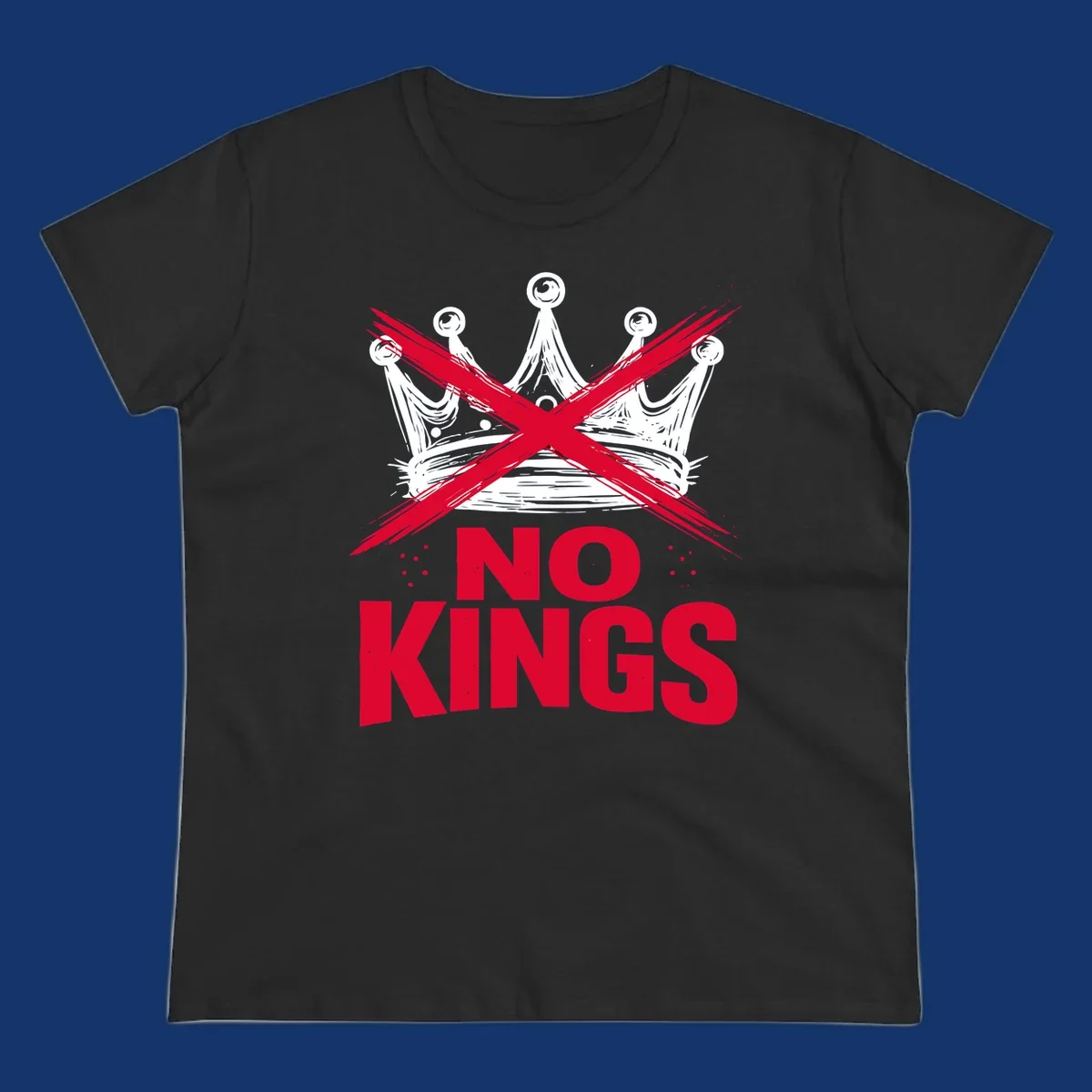 A distressed white or blue crown with a red X over it and the red text 'NO KINGS' below, representing the no-kings-crown-crossed concept.
