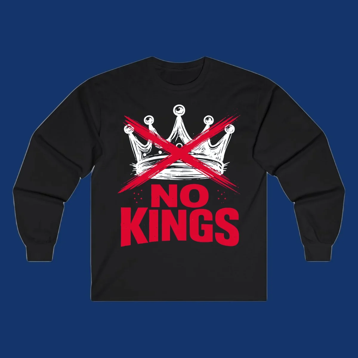 A distressed white or blue crown with a red X over it and the red text 'NO KINGS' below, representing the no-kings-crown-crossed concept.