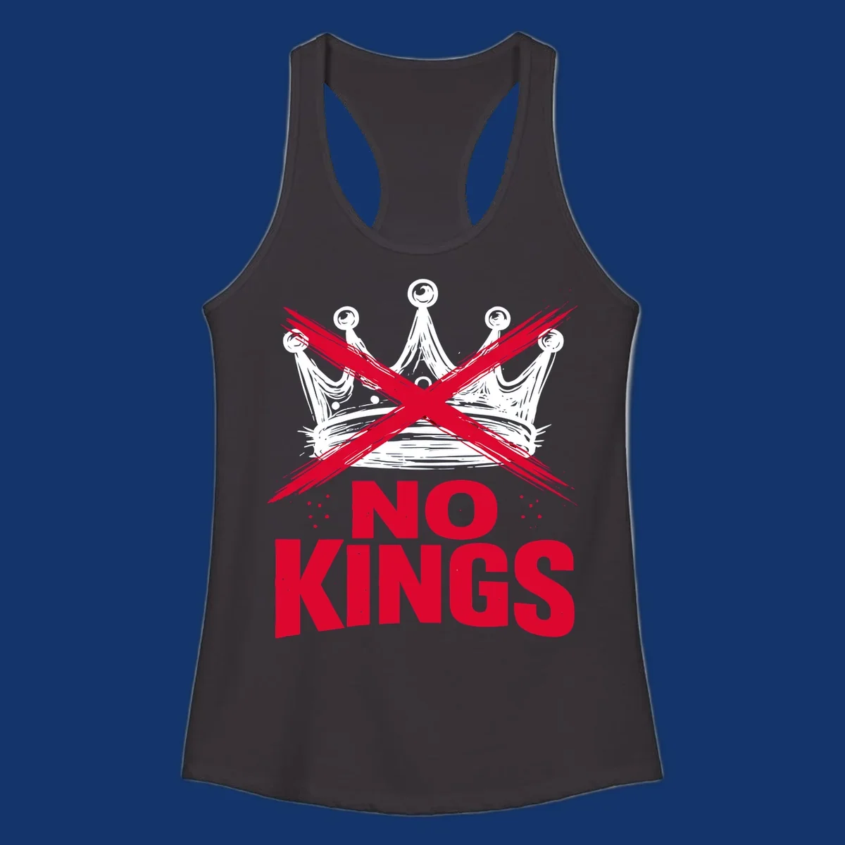 A distressed white or blue crown with a red X over it and the red text 'NO KINGS' below, representing the no-kings-crown-crossed concept.
