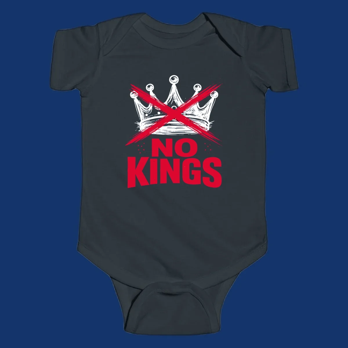 A distressed white or blue crown with a red X over it and the red text 'NO KINGS' below, representing the no-kings-crown-crossed concept.