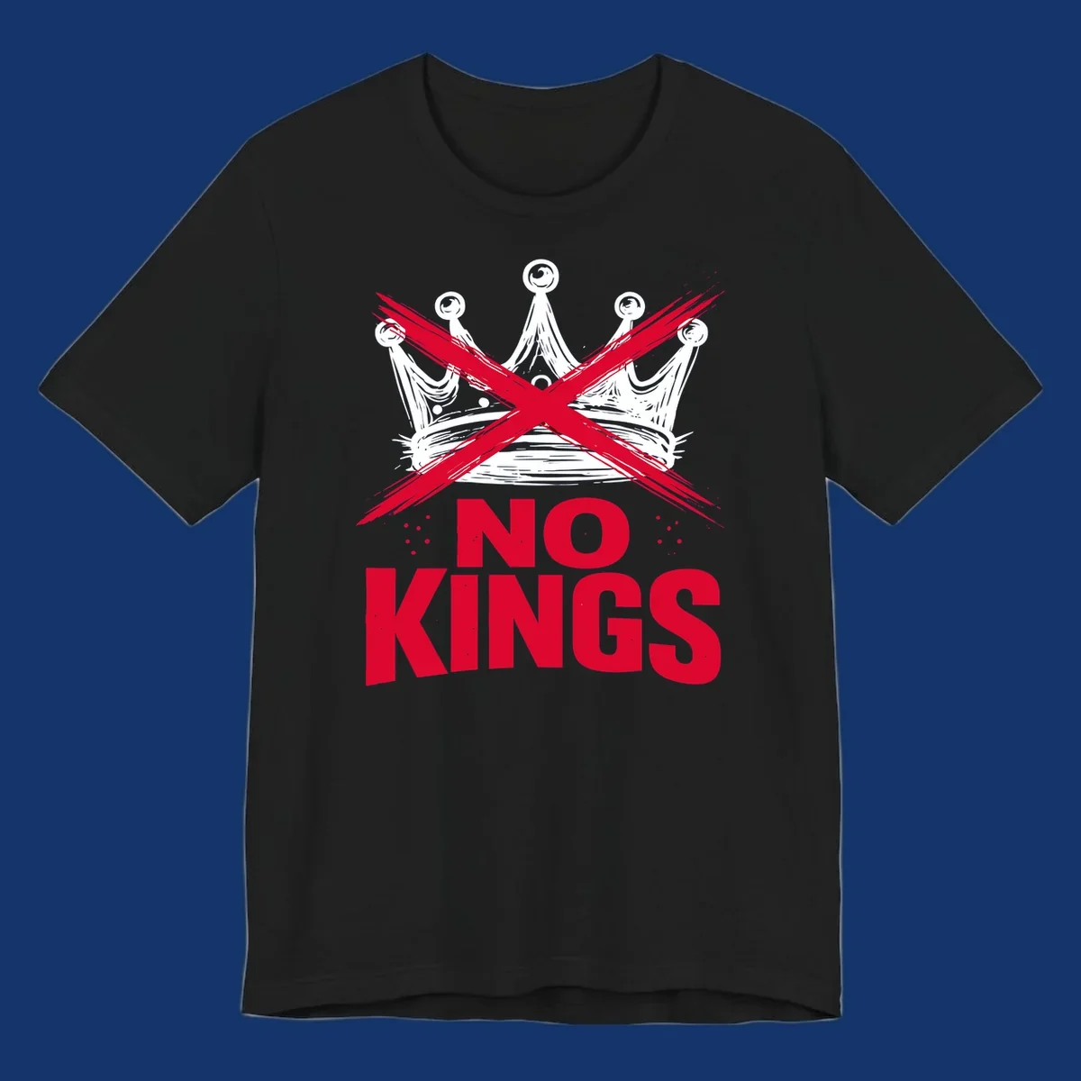 A distressed white or blue crown with a red X over it and the red text 'NO KINGS' below, representing the no-kings-crown-crossed concept.