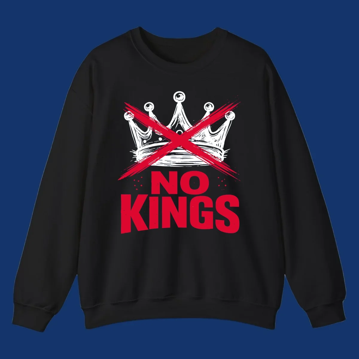 A distressed white or blue crown with a red X over it and the red text 'NO KINGS' below, representing the no-kings-crown-crossed concept.