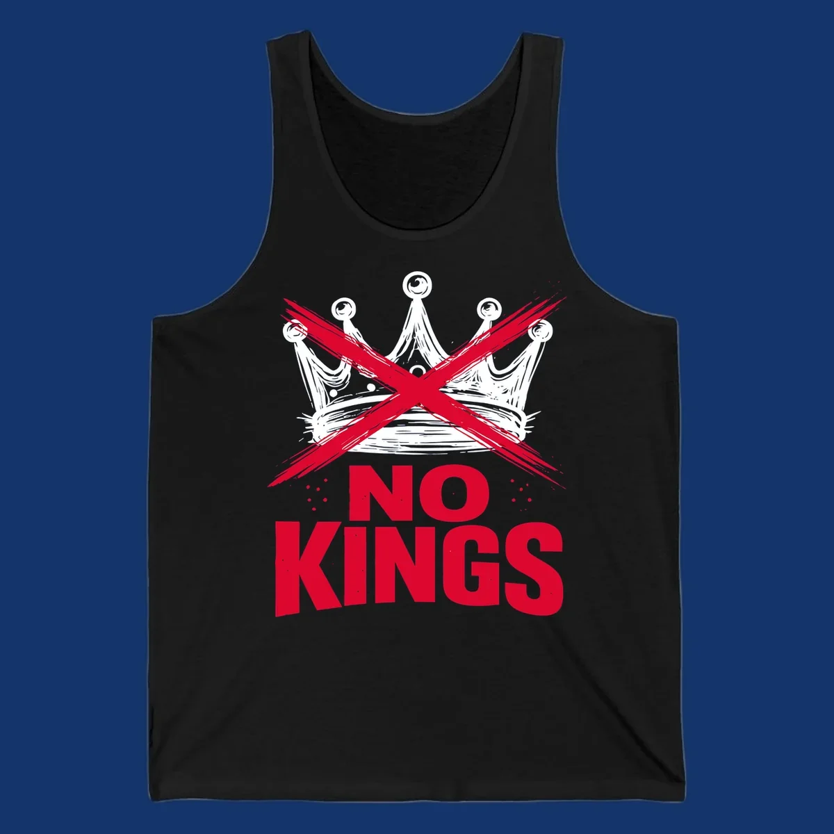 A distressed white or blue crown with a red X over it and the red text 'NO KINGS' below, representing the no-kings-crown-crossed concept.