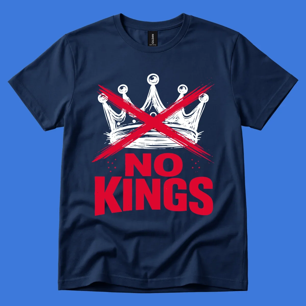 A distressed white or blue crown with a red X over it and the red text 'NO KINGS' below, representing the no-kings-crown-crossed concept.