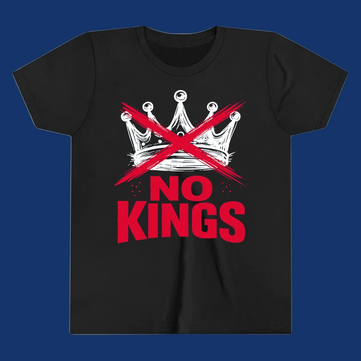 A distressed white or blue crown with a red X over it and the red text 'NO KINGS' below, representing the no-kings-crown-crossed concept.