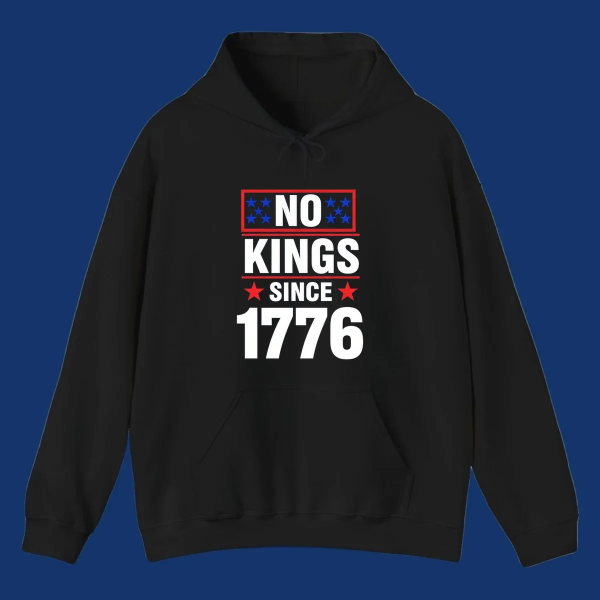 A patriotic design with the text 'NO KINGS SINCE 1776' in white and navy, featuring blue and red stars.