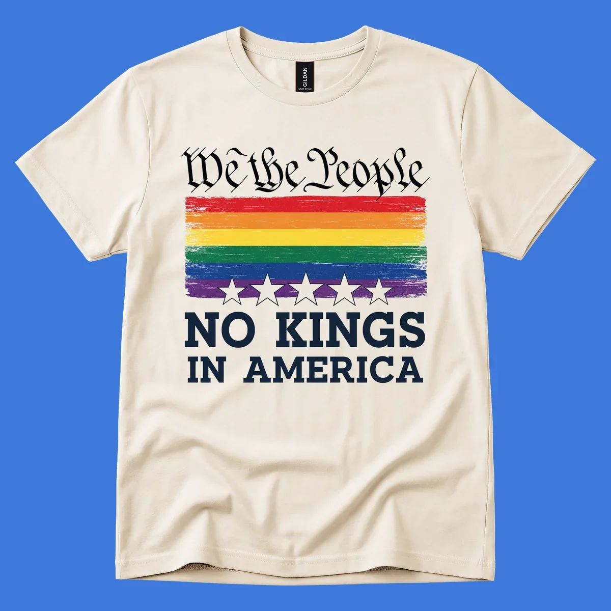 A distressed rainbow flag with five stars, 'We the People' above and 'NO KINGS IN AMERICA' below, symbolizing we-the-people-no-kings-pride.