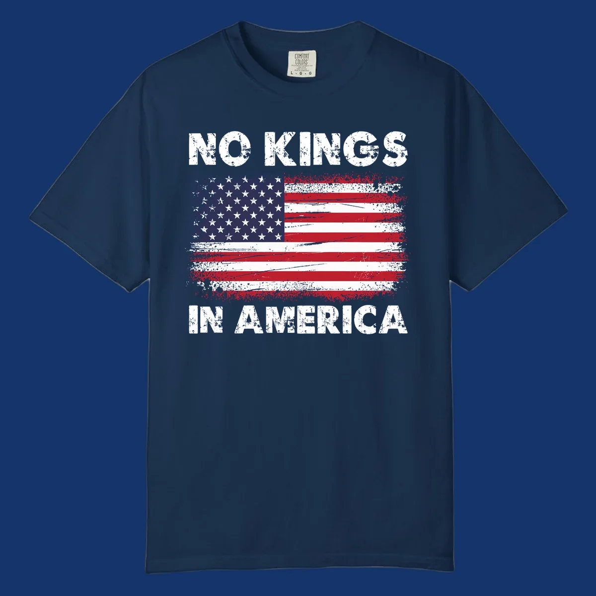 Distressed American flag with 'NO KINGS IN AMERICA' text, a patriotic no-kings-america-flag design.