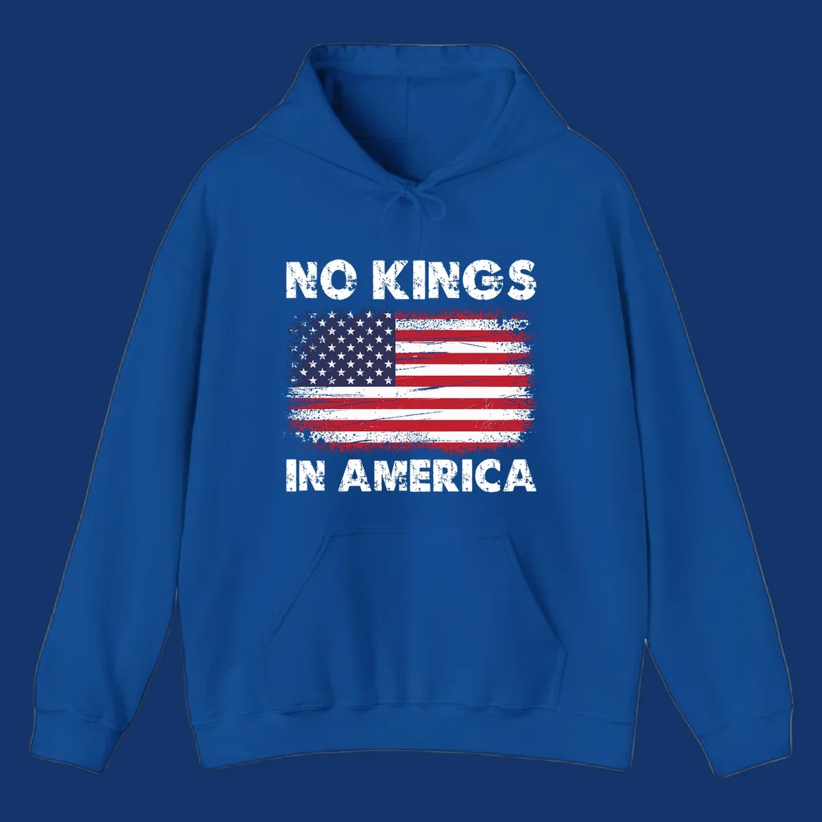 Distressed American flag with 'NO KINGS IN AMERICA' text, a patriotic no-kings-america-flag design.