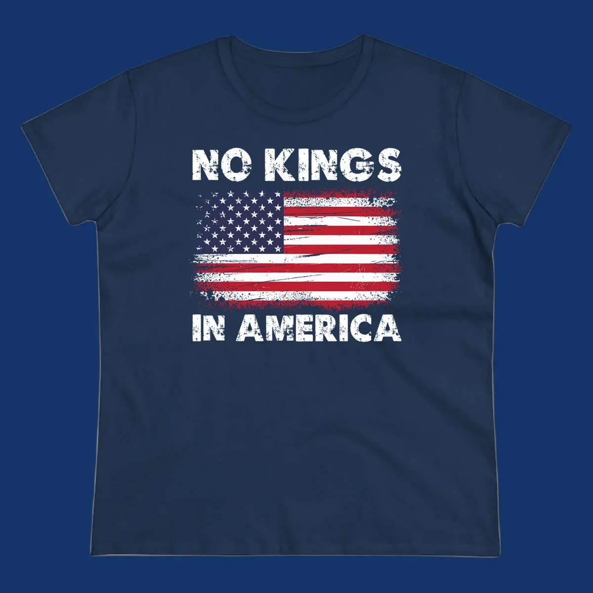 Distressed American flag with 'NO KINGS IN AMERICA' text, a patriotic no-kings-america-flag design.