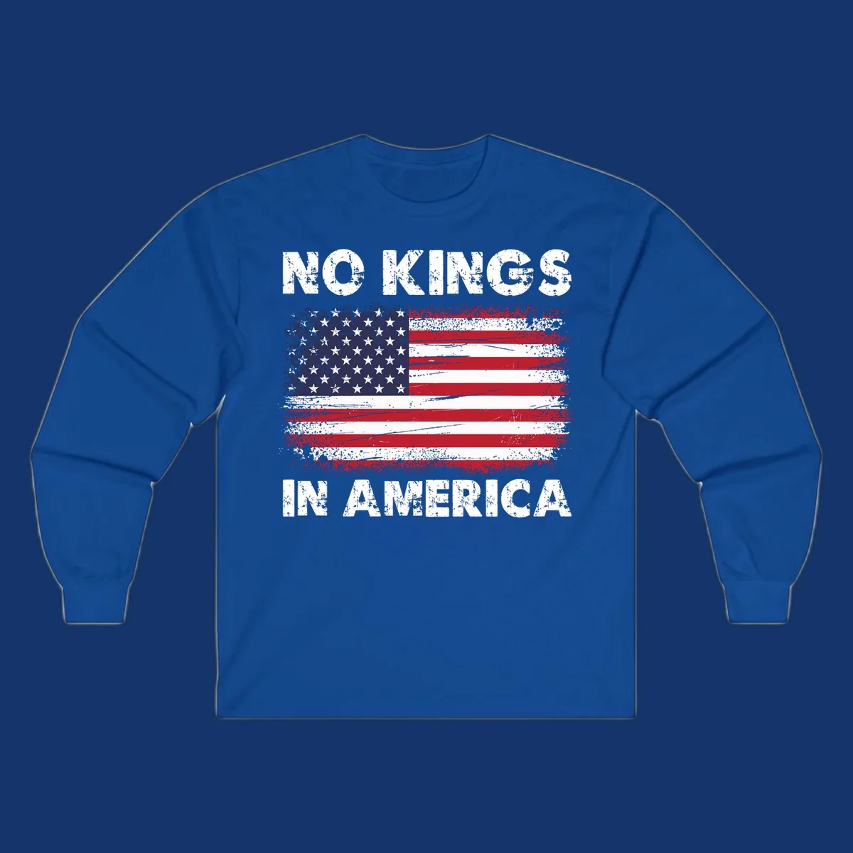 Distressed American flag with 'NO KINGS IN AMERICA' text, a patriotic no-kings-america-flag design.