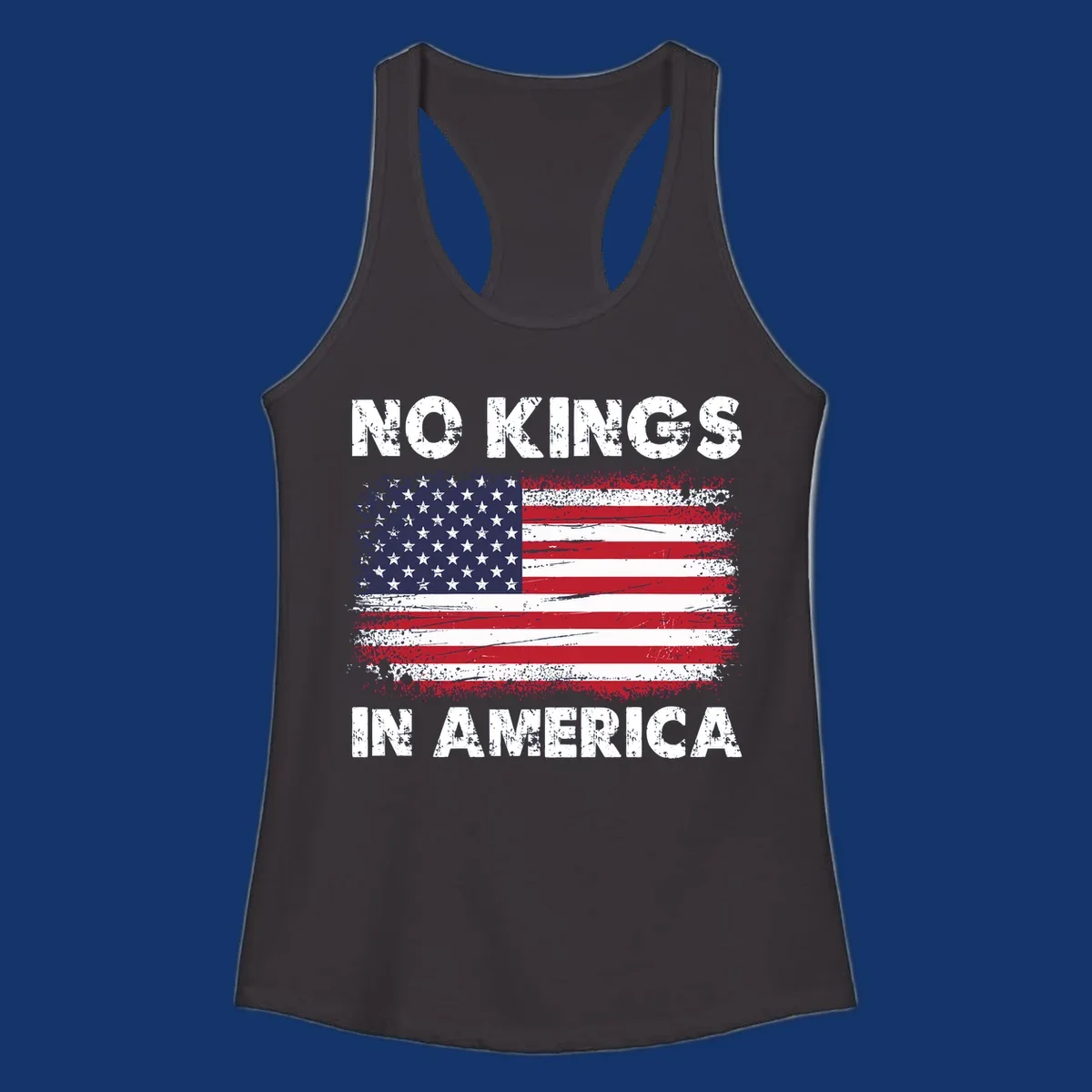 Distressed American flag with 'NO KINGS IN AMERICA' text, a patriotic no-kings-america-flag design.