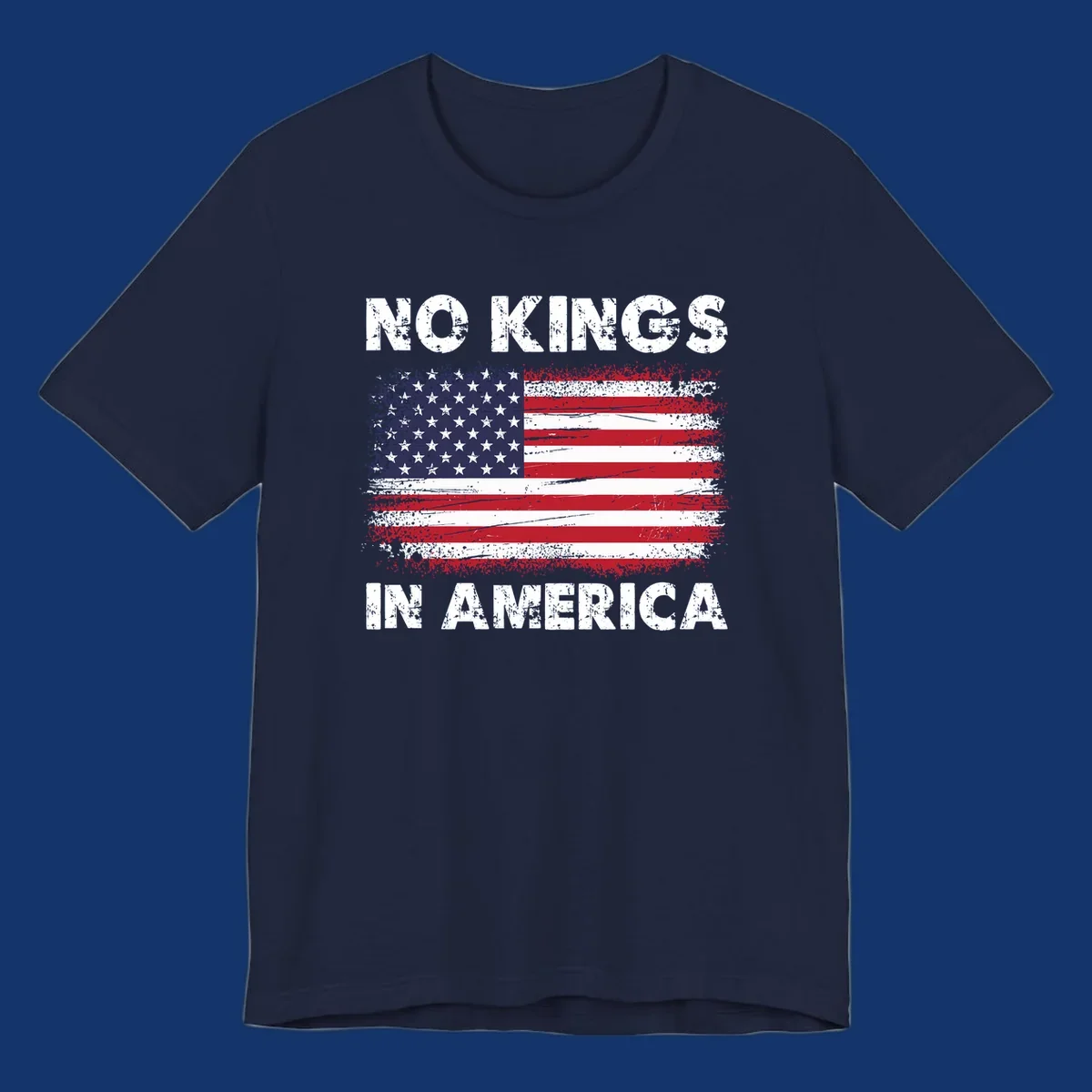 Distressed American flag with 'NO KINGS IN AMERICA' text, a patriotic no-kings-america-flag design.