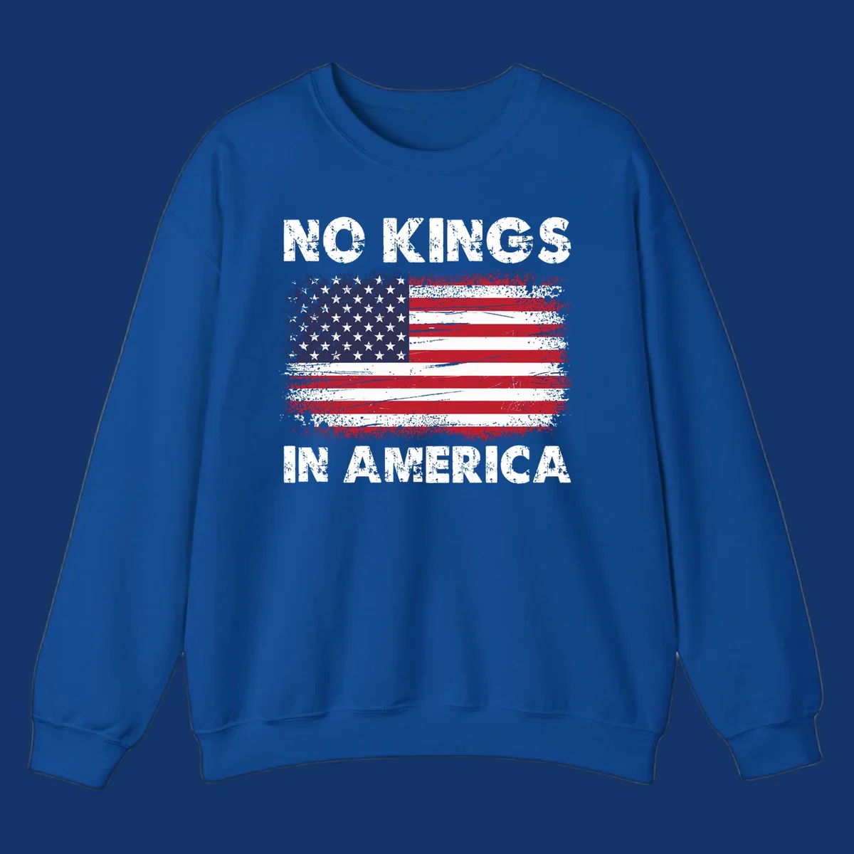 Distressed American flag with 'NO KINGS IN AMERICA' text, a patriotic no-kings-america-flag design.