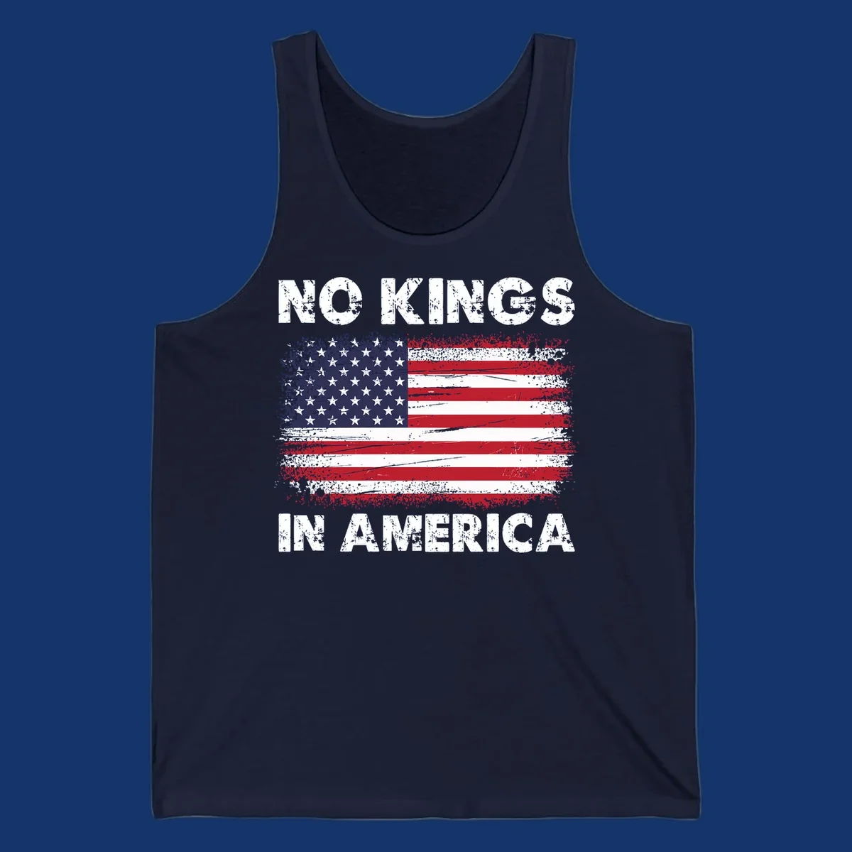 Distressed American flag with 'NO KINGS IN AMERICA' text, a patriotic no-kings-america-flag design.