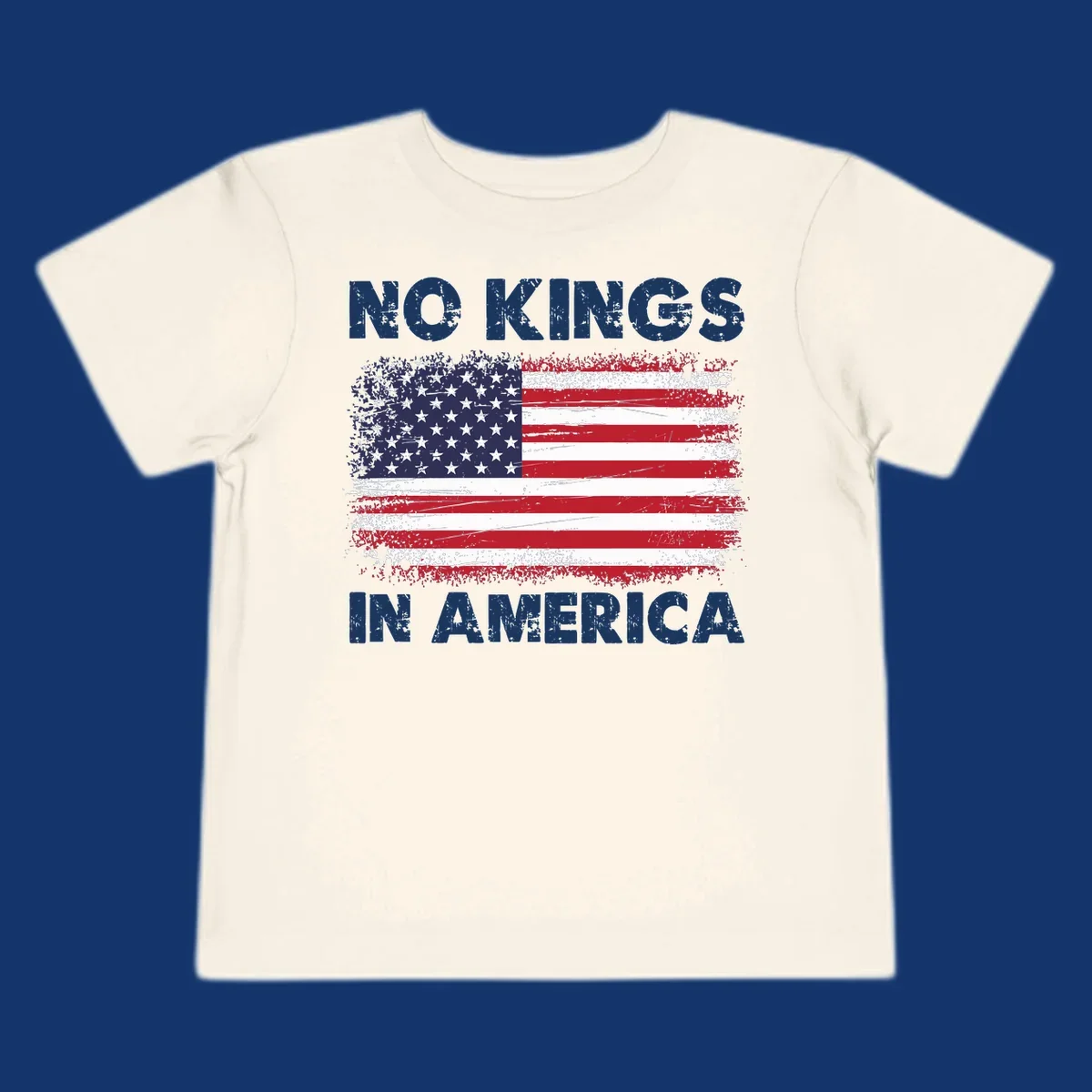 Distressed American flag with 'NO KINGS IN AMERICA' text, a patriotic no-kings-america-flag design.