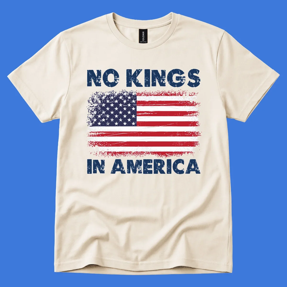 Distressed American flag with 'NO KINGS IN AMERICA' text, a patriotic no-kings-america-flag design.