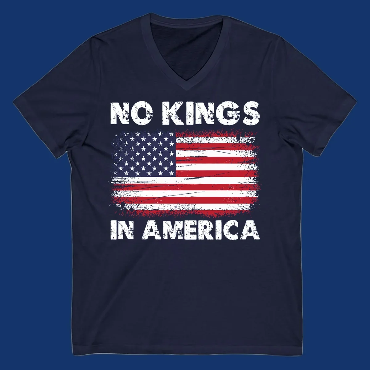 Distressed American flag with 'NO KINGS IN AMERICA' text, a patriotic no-kings-america-flag design.