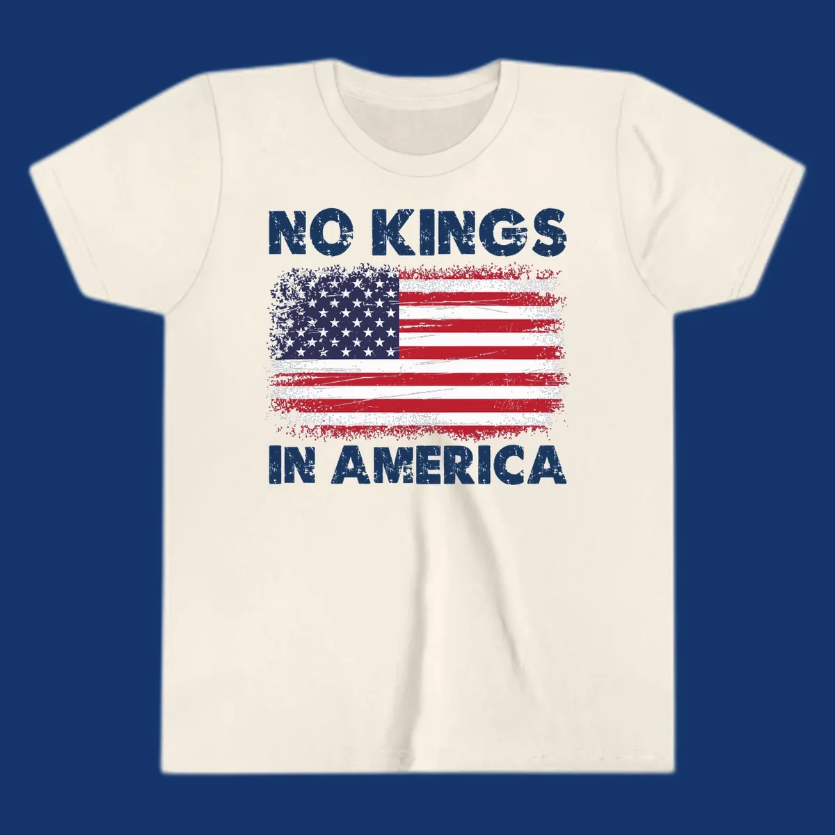 Distressed American flag with 'NO KINGS IN AMERICA' text, a patriotic no-kings-america-flag design.