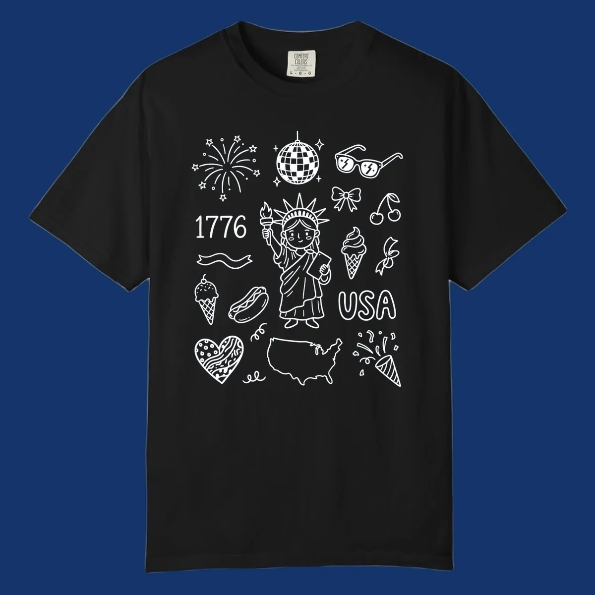 A collection of patriotic doodle icons including the Statue of Liberty, fireworks, USA map, and '1776' text, representing patriotic doodle icons.