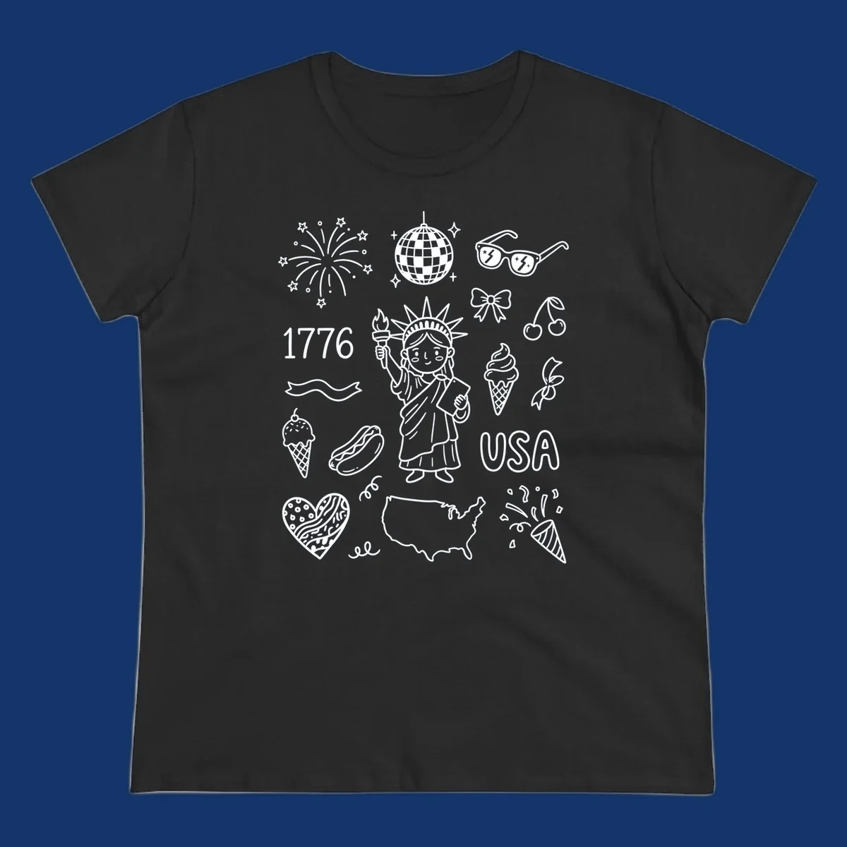 A collection of patriotic doodle icons including the Statue of Liberty, fireworks, USA map, and '1776' text, representing patriotic doodle icons.