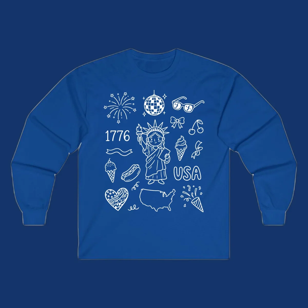 A collection of patriotic doodle icons including the Statue of Liberty, fireworks, USA map, and '1776' text, representing patriotic doodle icons.