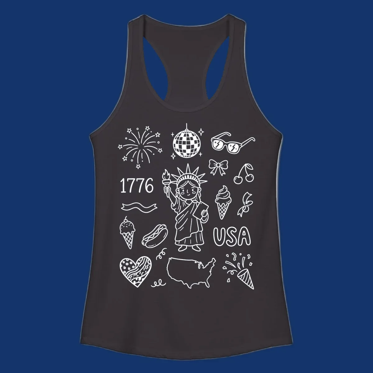 A collection of patriotic doodle icons including the Statue of Liberty, fireworks, USA map, and '1776' text, representing patriotic doodle icons.