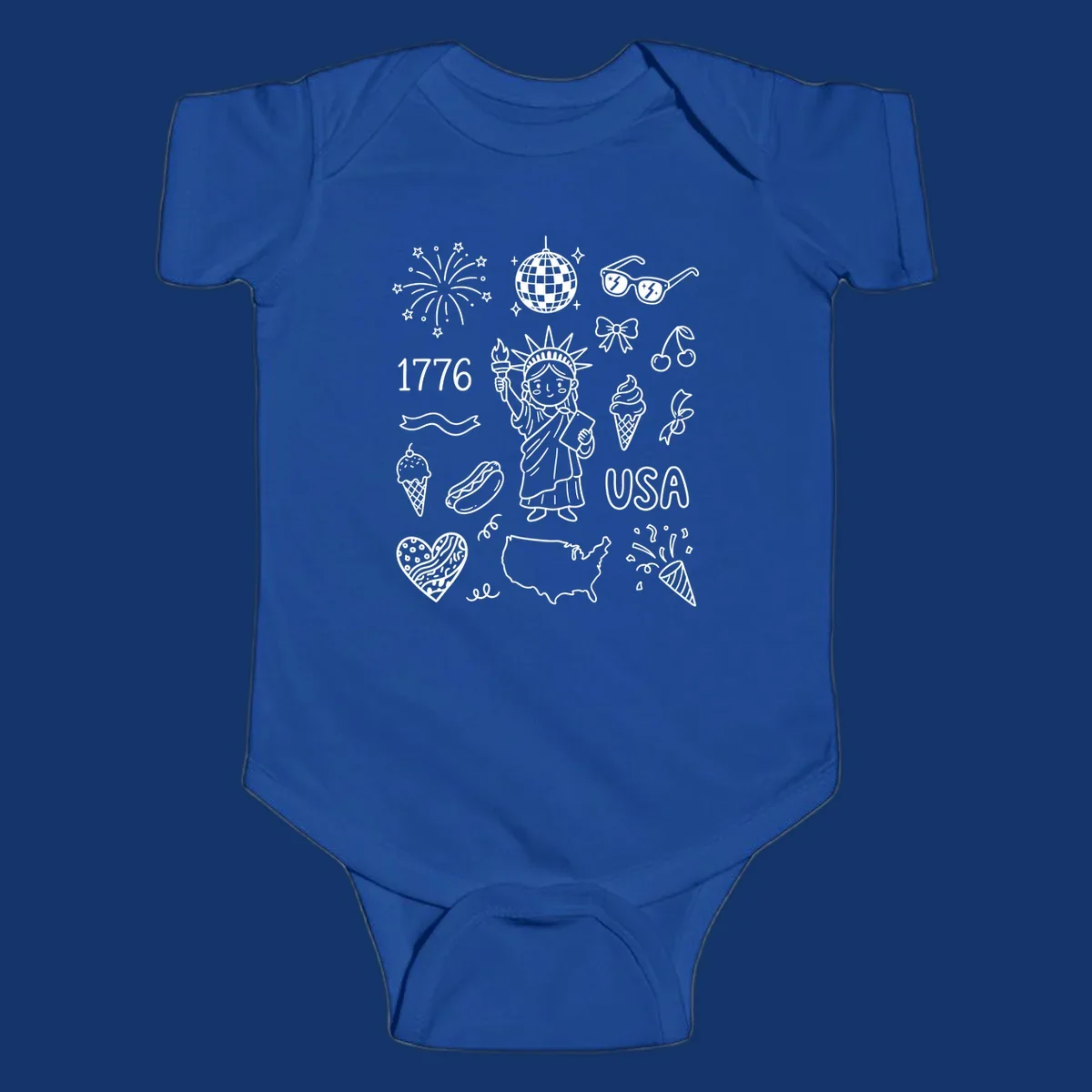 A collection of patriotic doodle icons including the Statue of Liberty, fireworks, USA map, and '1776' text, representing patriotic doodle icons.