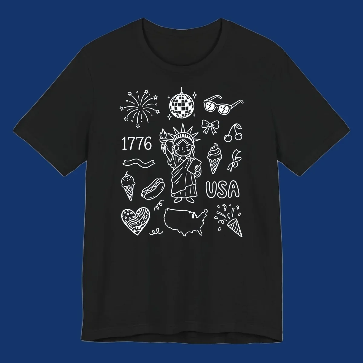 A collection of patriotic doodle icons including the Statue of Liberty, fireworks, USA map, and '1776' text, representing patriotic doodle icons.