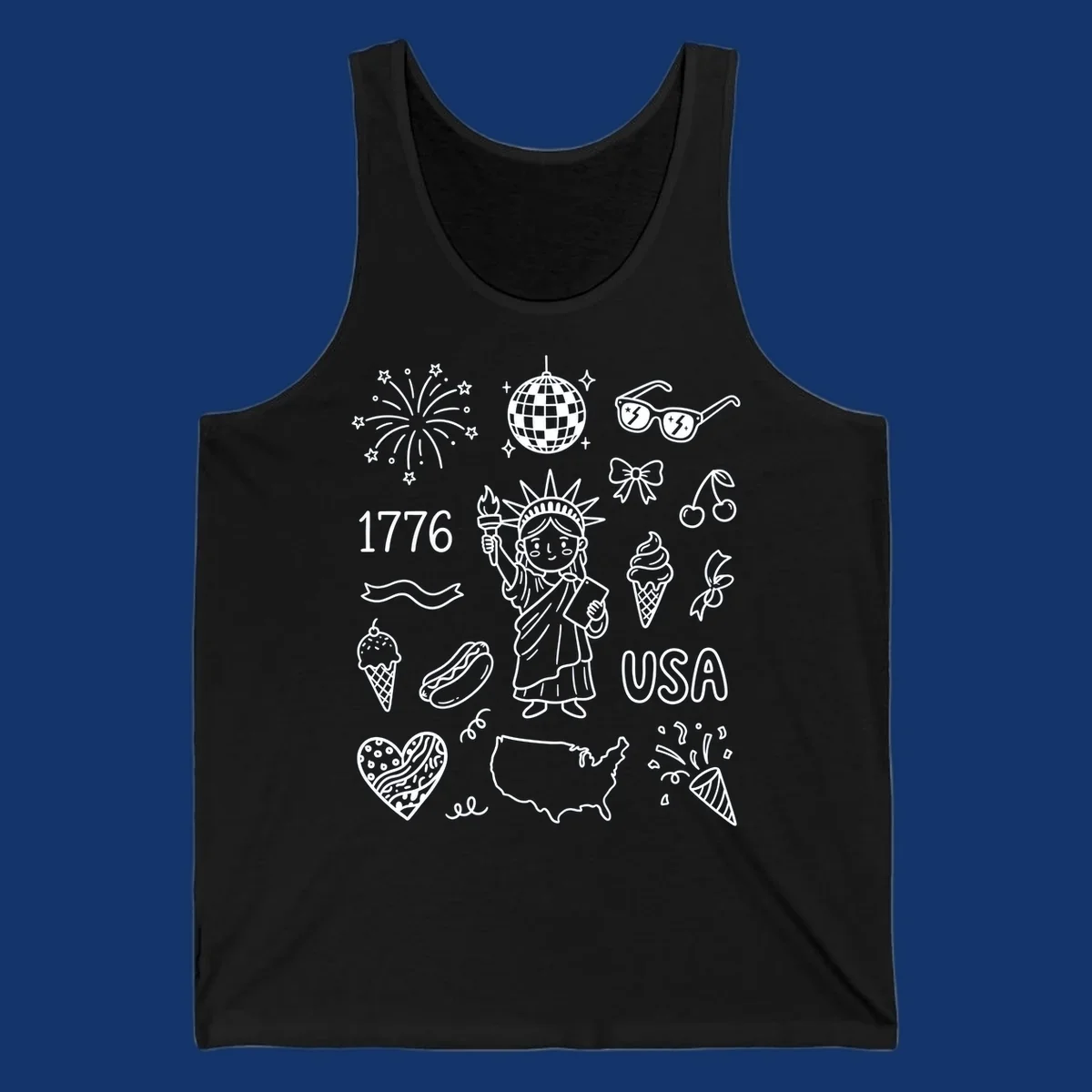 A collection of patriotic doodle icons including the Statue of Liberty, fireworks, USA map, and '1776' text, representing patriotic doodle icons.