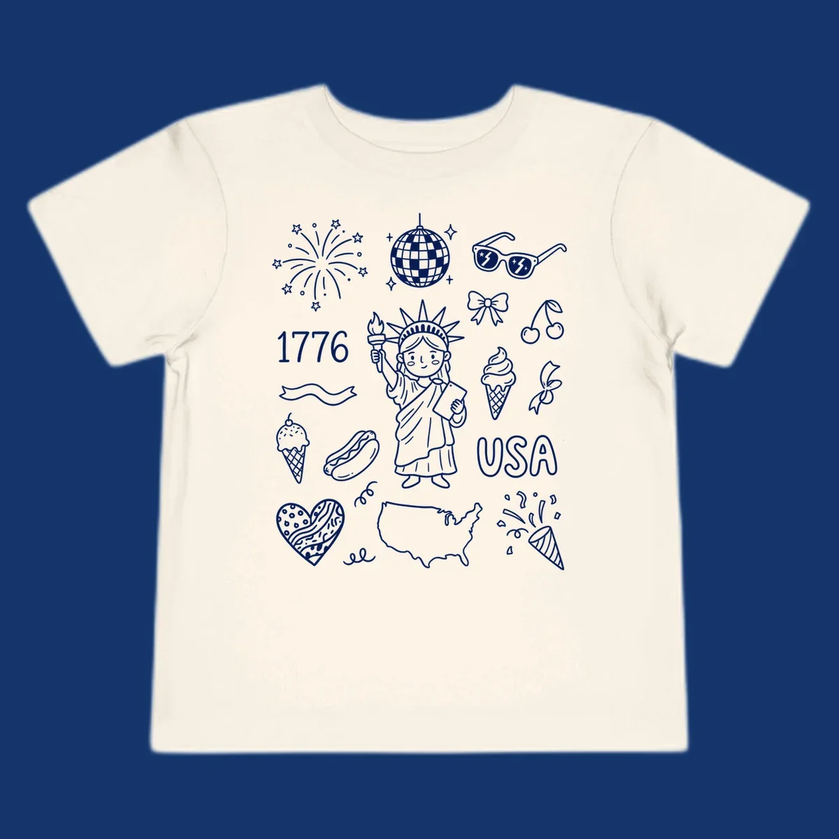 A collection of patriotic doodle icons including the Statue of Liberty, fireworks, USA map, and '1776' text, representing patriotic doodle icons.