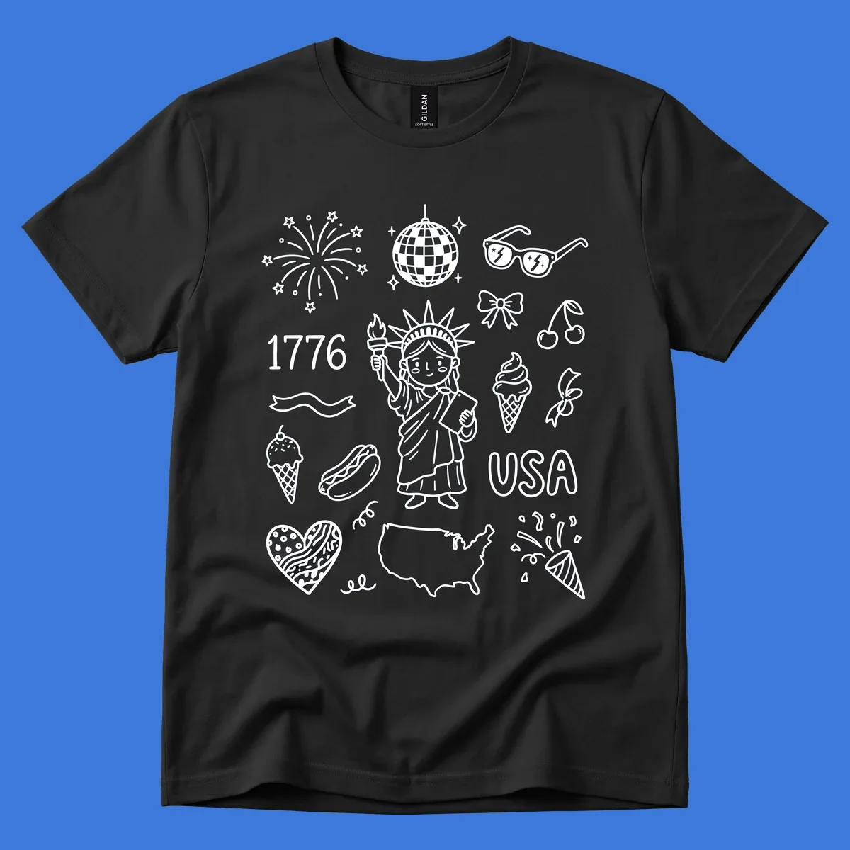A collection of patriotic doodle icons including the Statue of Liberty, fireworks, USA map, and '1776' text, representing patriotic doodle icons.