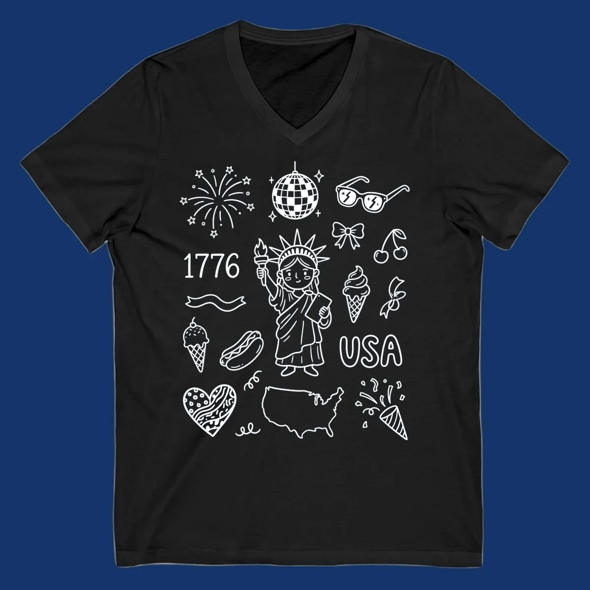 A collection of patriotic doodle icons including the Statue of Liberty, fireworks, USA map, and '1776' text, representing patriotic doodle icons.