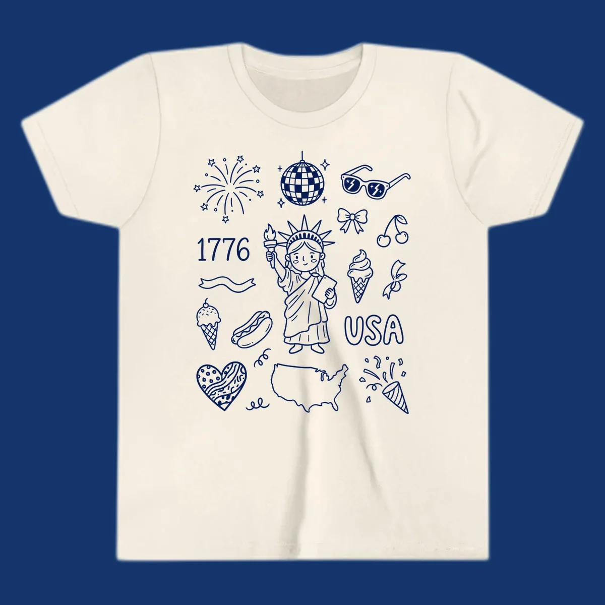A collection of patriotic doodle icons including the Statue of Liberty, fireworks, USA map, and '1776' text, representing patriotic doodle icons.