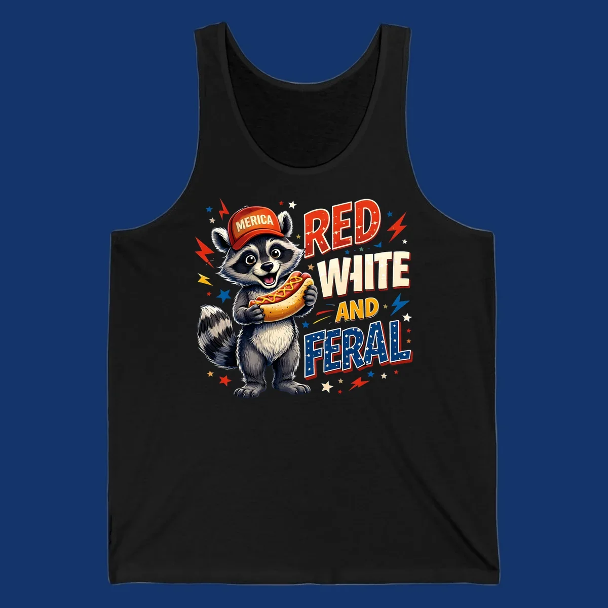 A happy raccoon in a 'MERICA' hat holds a hot dog, with 'RED WHITE AND FERAL' text, stars, and lightning bolts. Features a raccoon-merica-feral-hotdog theme.