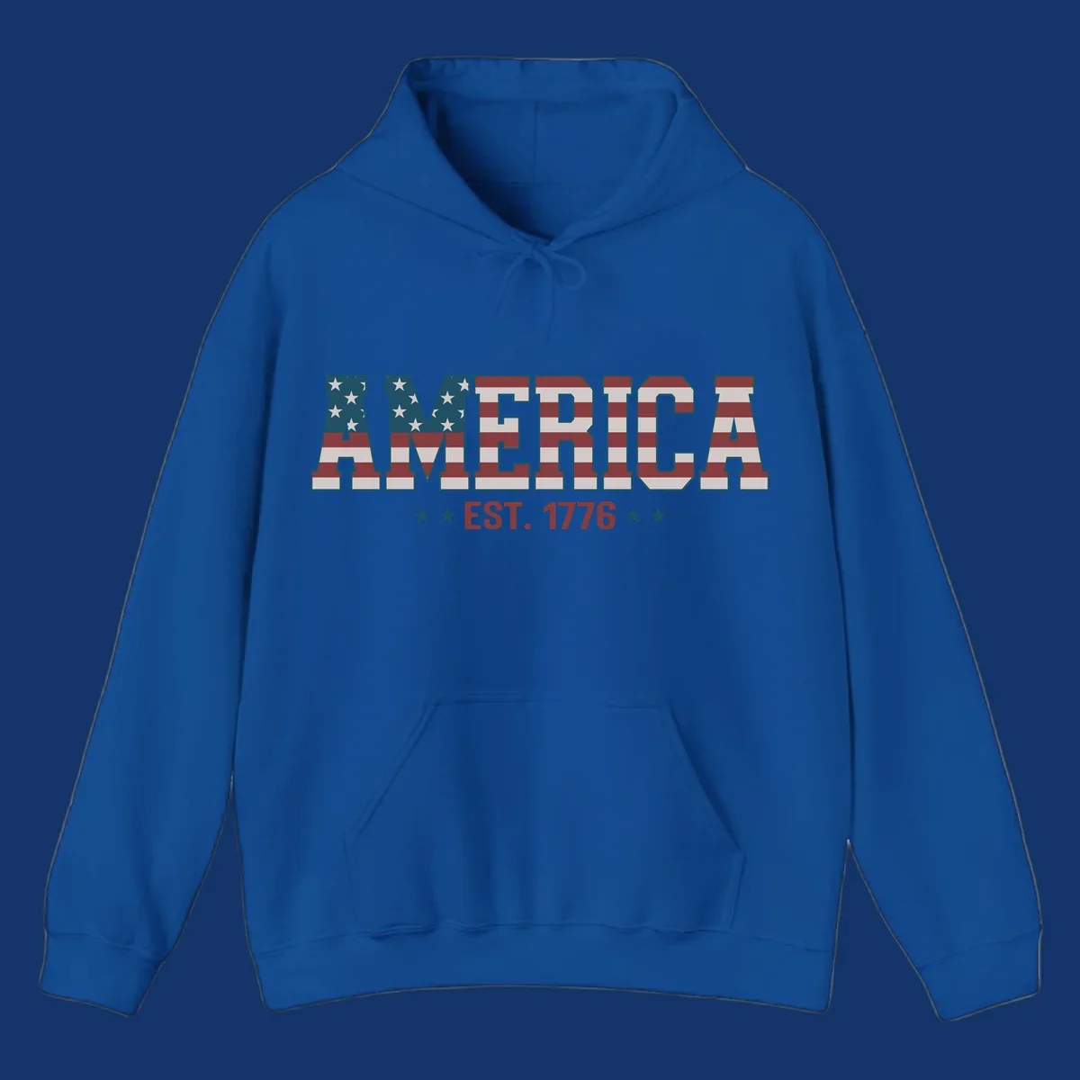 The word AMERICA in block letters, filled with an American flag pattern, above the text EST. 1776 with stars. Concept: america-est-1776-flag.