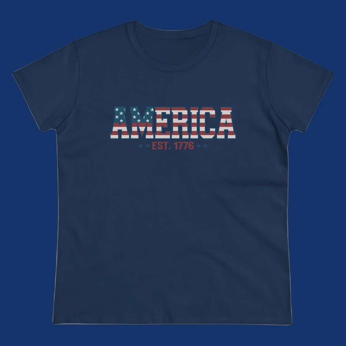 The word AMERICA in block letters, filled with an American flag pattern, above the text EST. 1776 with stars. Concept: america-est-1776-flag.
