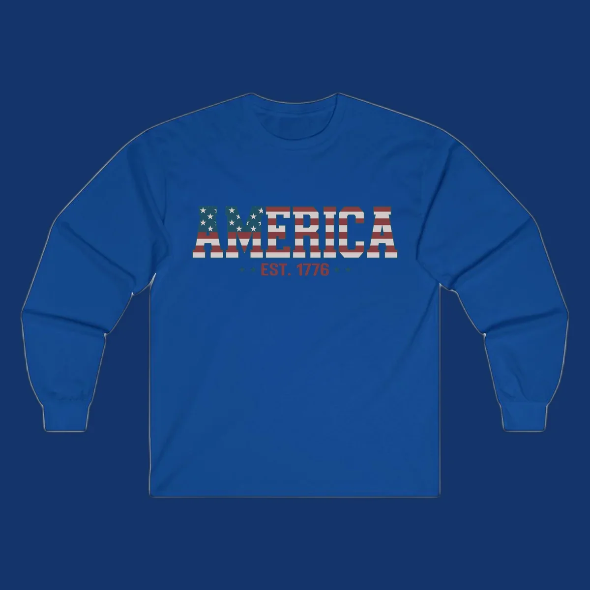 The word AMERICA in block letters, filled with an American flag pattern, above the text EST. 1776 with stars. Concept: america-est-1776-flag.