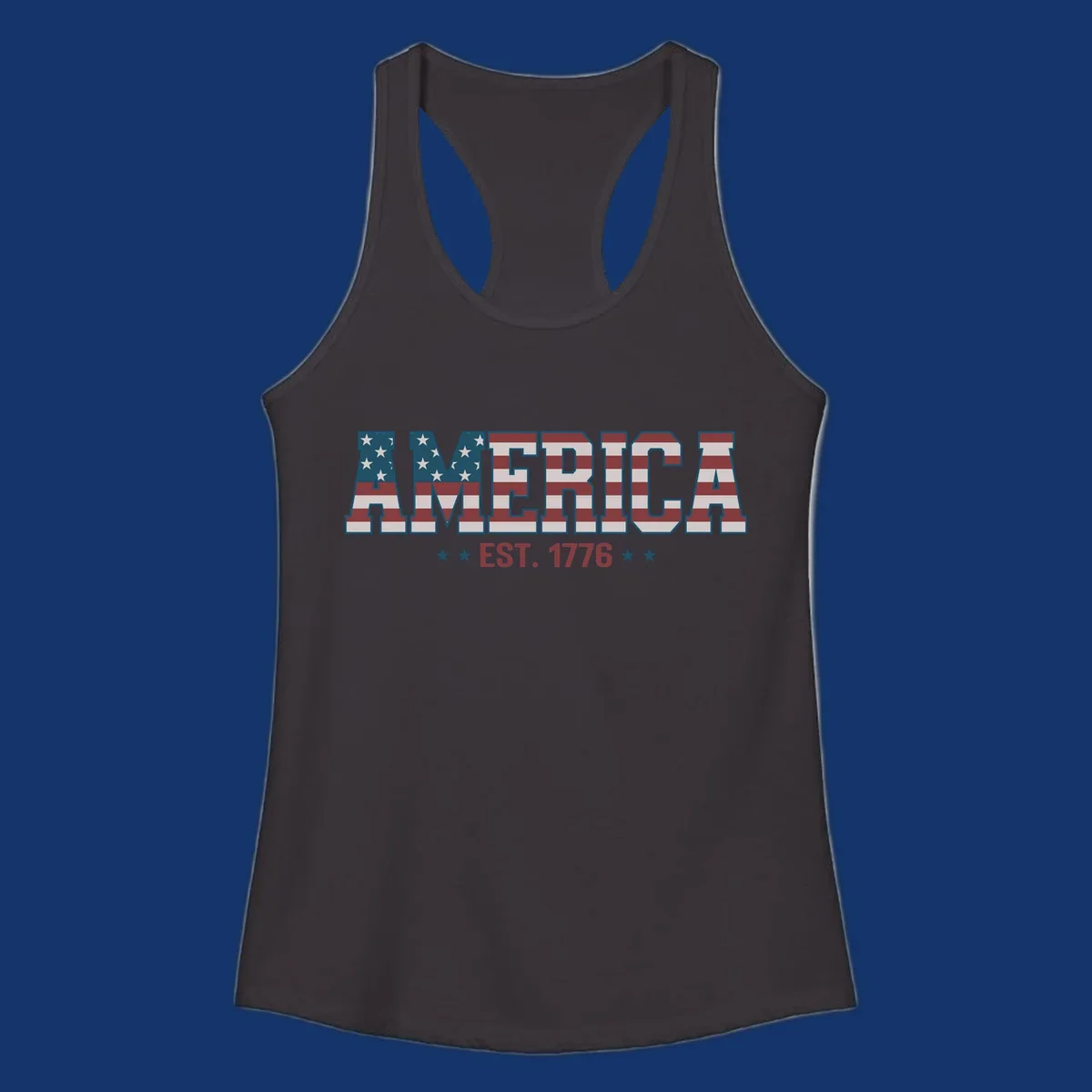 The word AMERICA in block letters, filled with an American flag pattern, above the text EST. 1776 with stars. Concept: america-est-1776-flag.