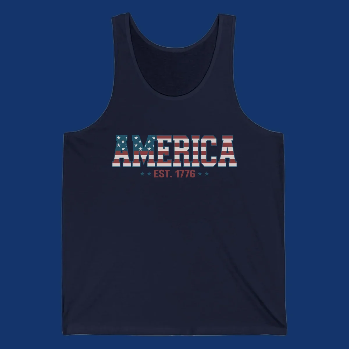 The word AMERICA in block letters, filled with an American flag pattern, above the text EST. 1776 with stars. Concept: america-est-1776-flag.