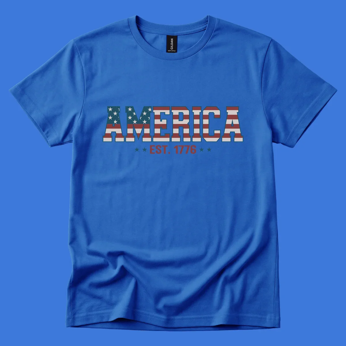 The word AMERICA in block letters, filled with an American flag pattern, above the text EST. 1776 with stars. Concept: america-est-1776-flag.